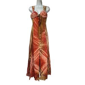 Batik World Tie Dye Button Front Maxi Dress Rust Olive Rayon Boho Revival S